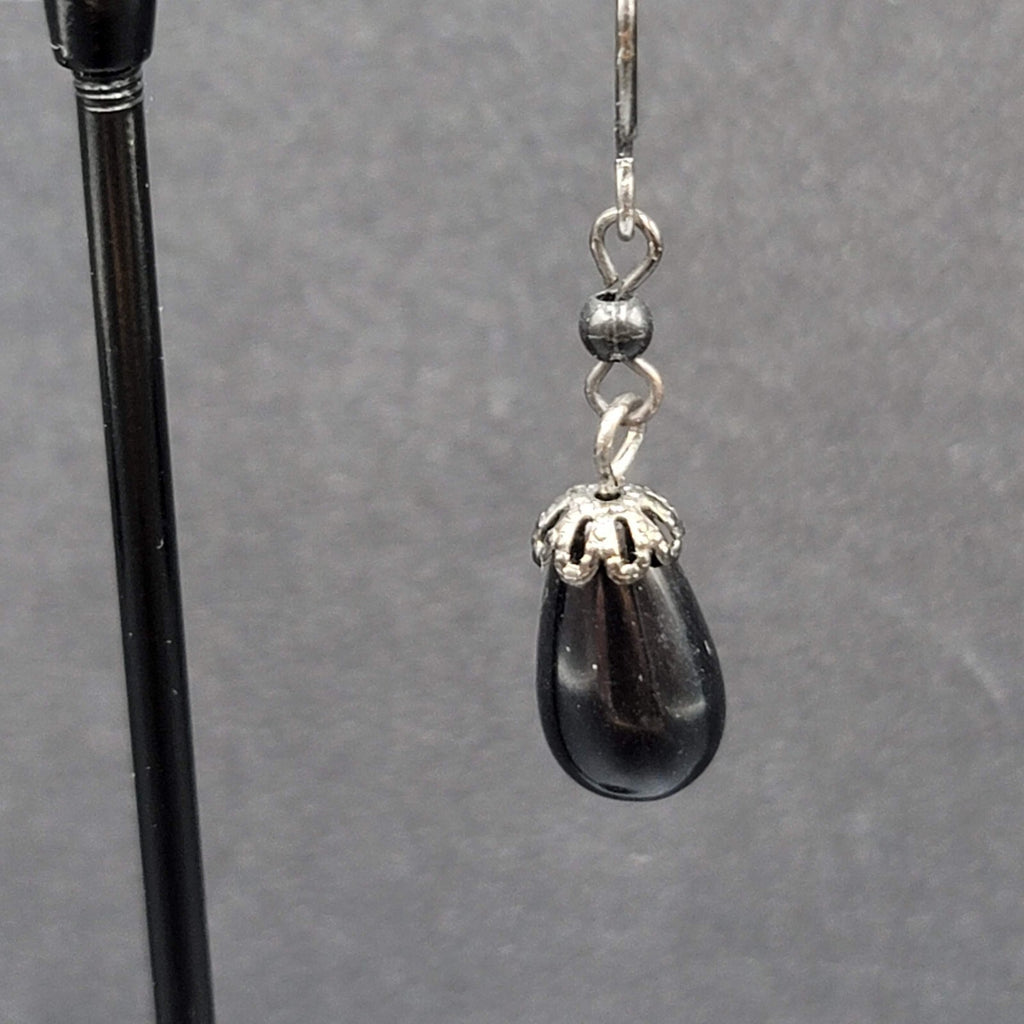 Pierced Earrings Black Metal Capped Teardrop Bead 3/4"