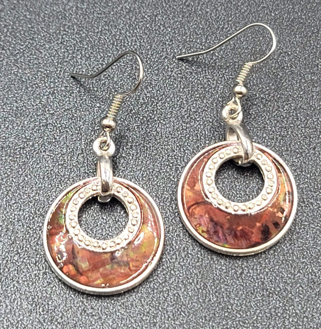 Pierced Earrings Silver tone Faux Abalone Dangle Open Circle 1"