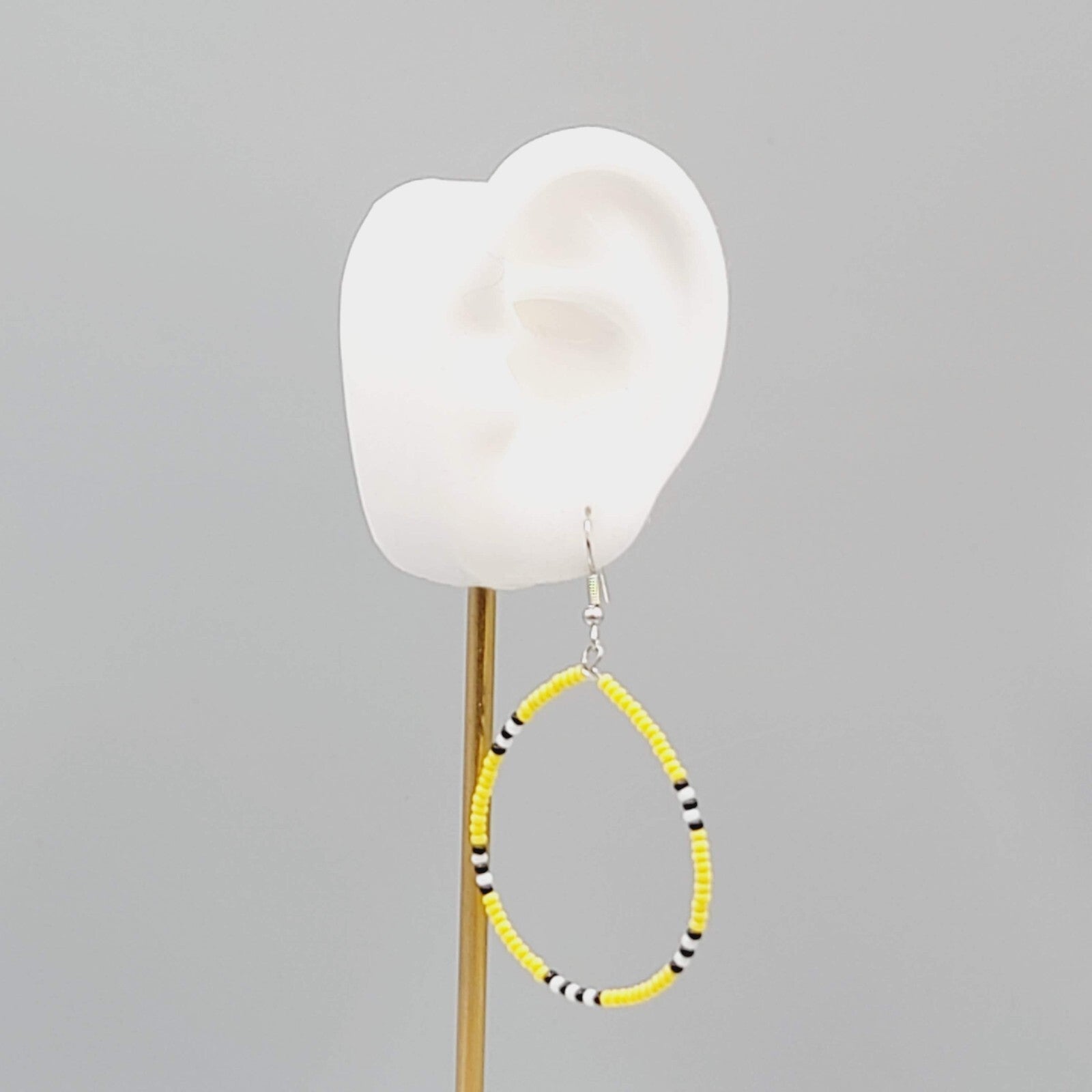 Hoop Pierced Earrings Yellow Black White Seed Bead Dangle 1.75"
