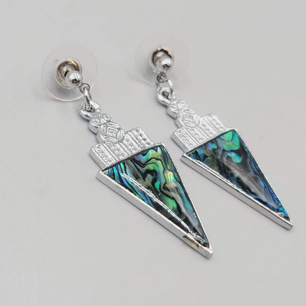 Pierced Earrings Faux Abalone Silver tone Triangle Dangle  1 3/8"