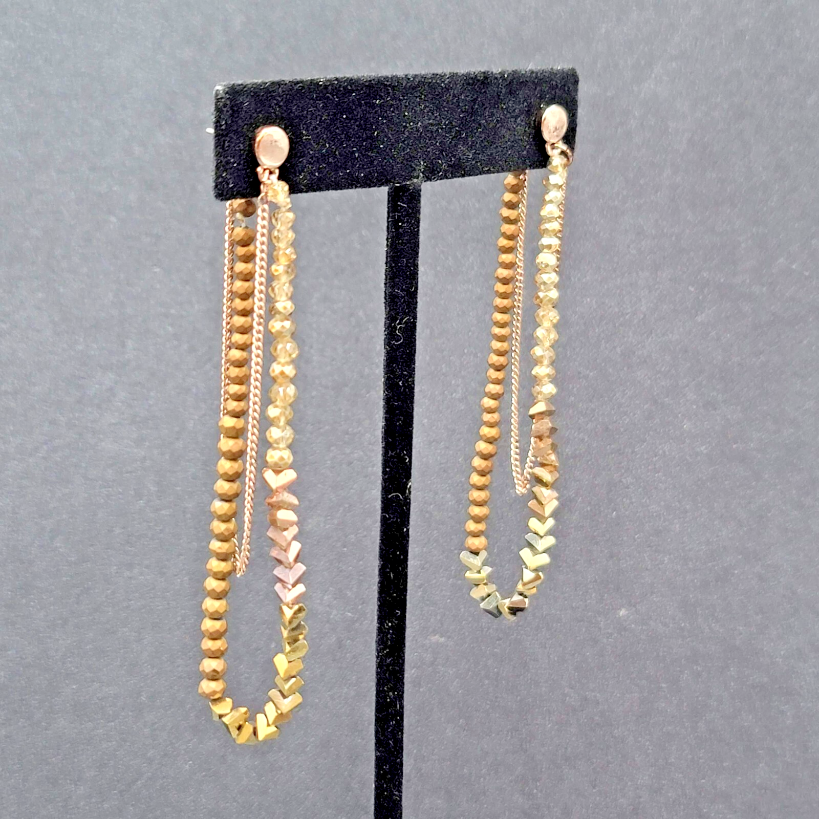 Pierced Earrings Gold tone Small Faceted Beads Dangle Loop To Back 3.25"
