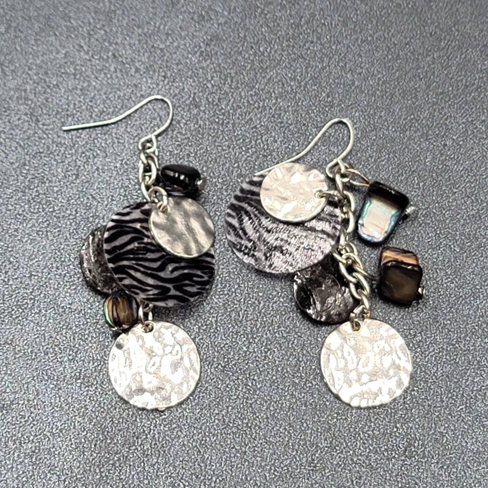 Pierced Earrings Silver tone Dangle Black Shell Beads 2"
