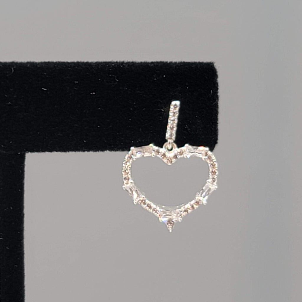 Heart Pierced Earrings Crystal Open Work Dangle Silver Plated 7/8"