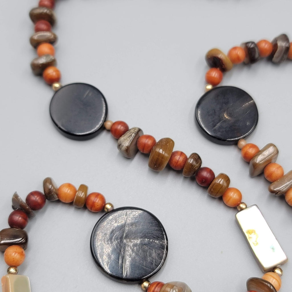Stone Bead Necklace Abalone Shell Brown Orange Red Long 32"