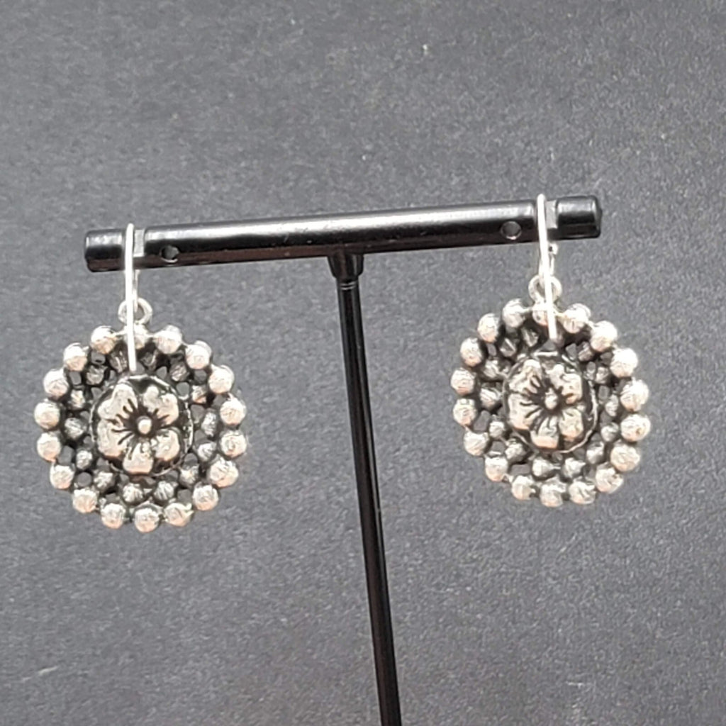 Pierced Earrings Silver tone Flower Beaded Round Dangle 1"