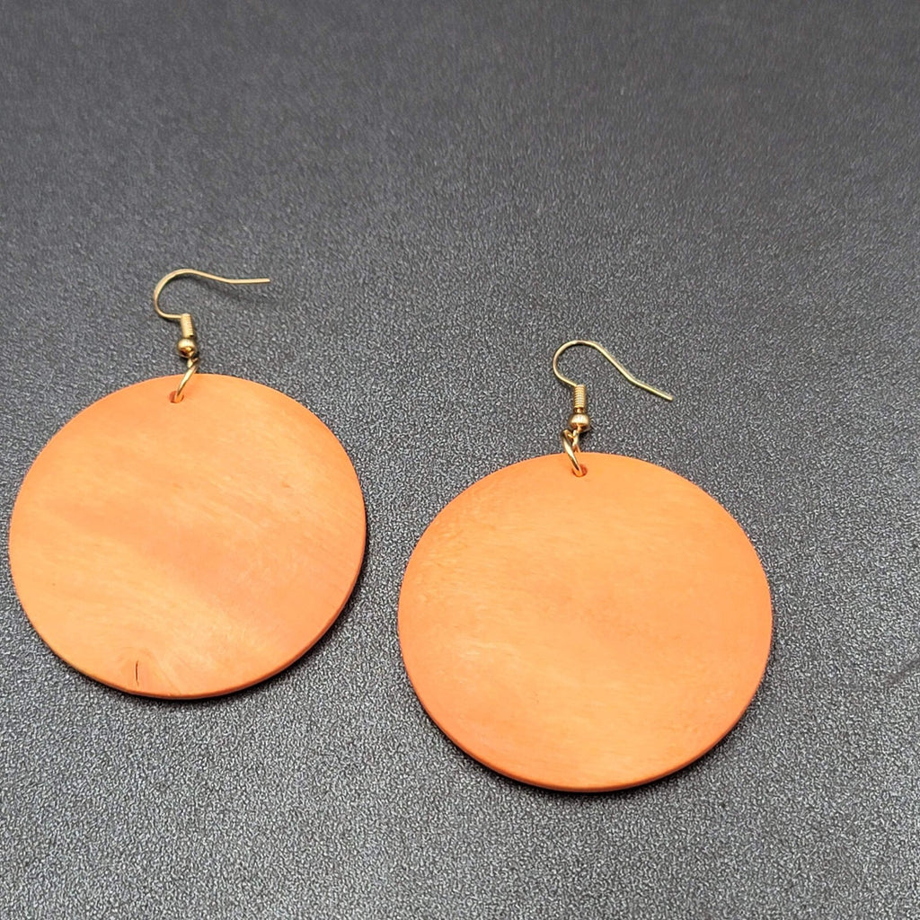 New Boho Pierced Earrings Orange Large Round Wood Disc Dangle 2"