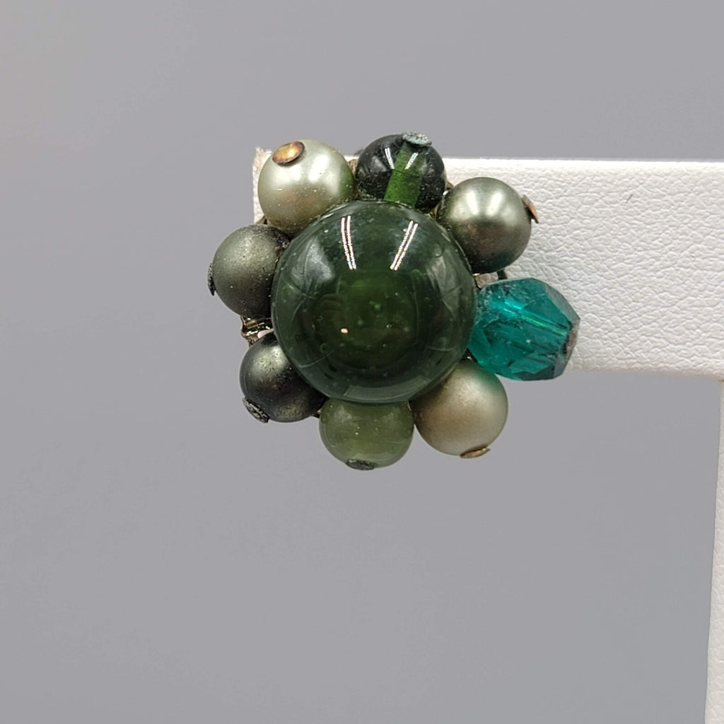 Vintage Green Glass Cluster Bead Clip on Earrings Japan 3/4"