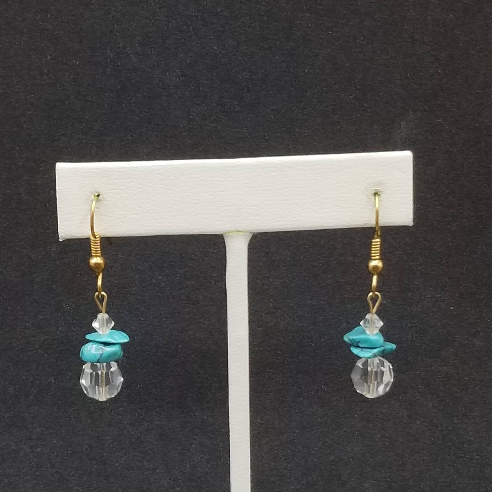Pierced Earrings Gold tone Crystal Faceted Stone Turquoise Beaded Dangle 3/4"