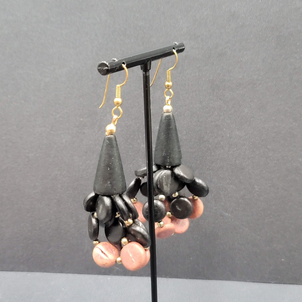 Vtg Pierced Earrings Black and Brown Wood Cluster Beads Statement Dangle  2.5"