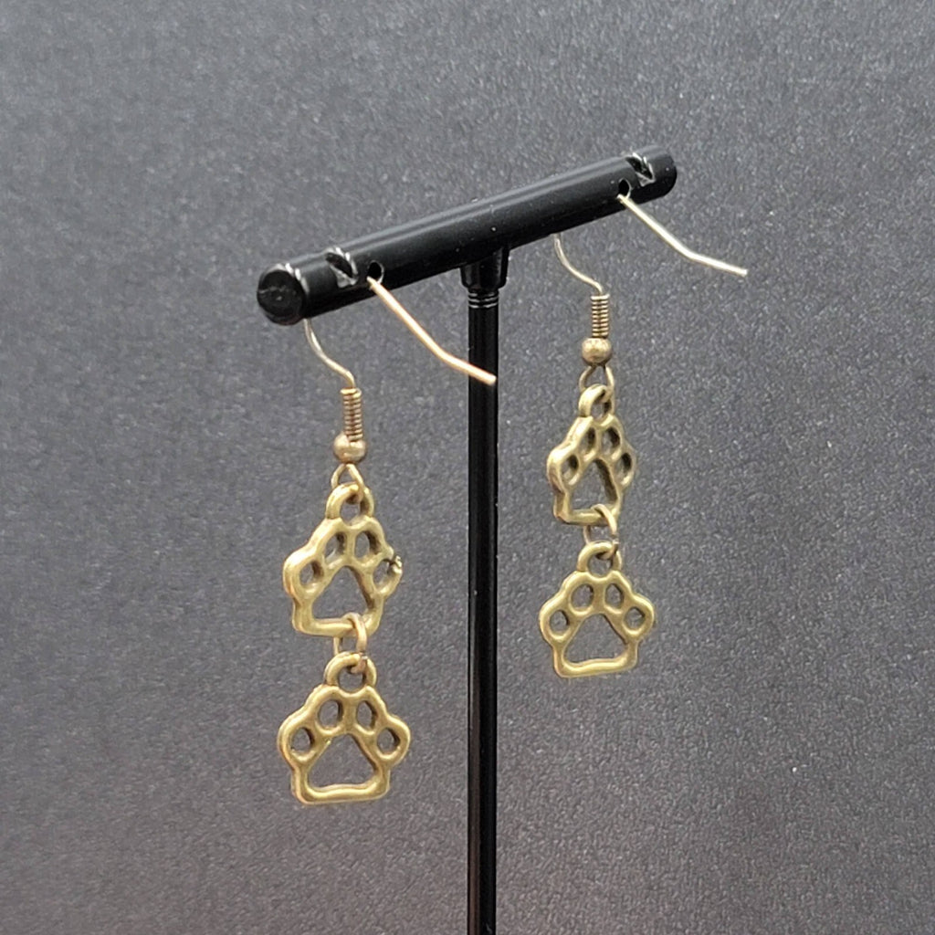 New Pierced Earrings Bronze tone Puppy Dog Paw Prints Dangle 1"