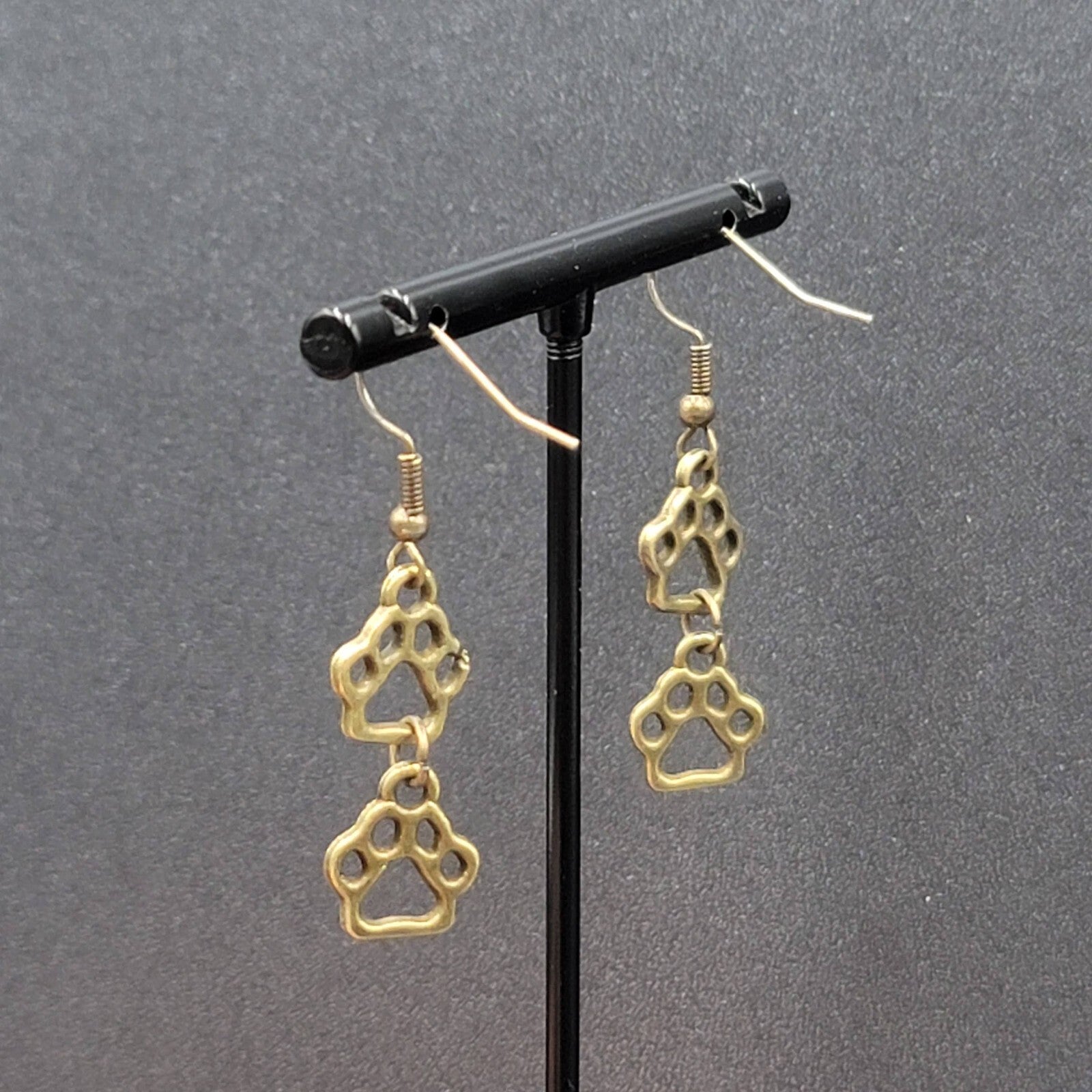 New Pierced Earrings Bronze tone Puppy Dog Paw Prints Dangle 1"