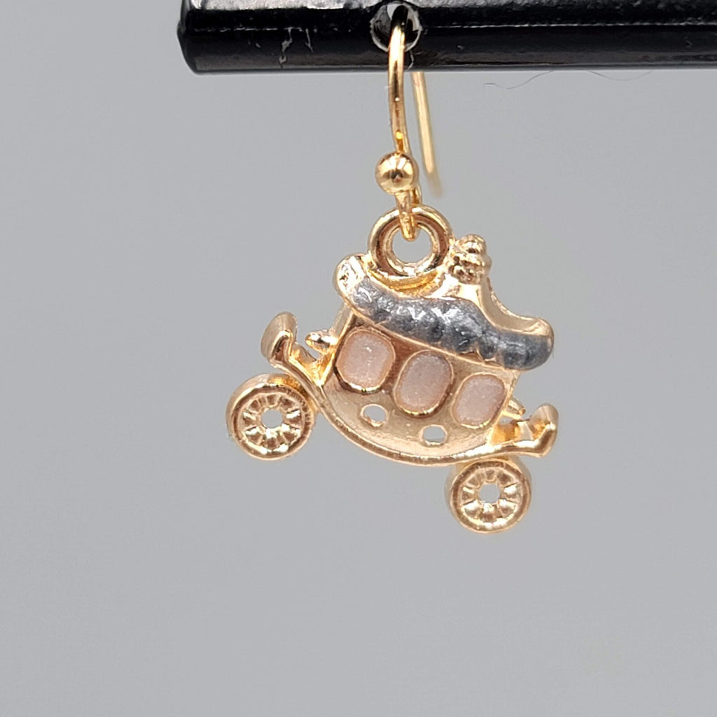 Carriage Enamel Pierced Earrings Gold tone Dangle 5/8"