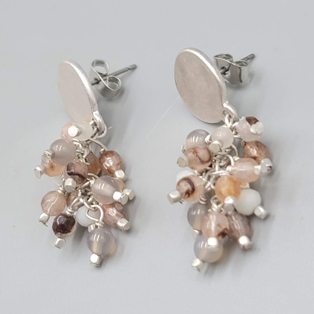 Pierced Earrings Silver tone Dangle Cluster Glass Beads Neutral Colors 1.5"