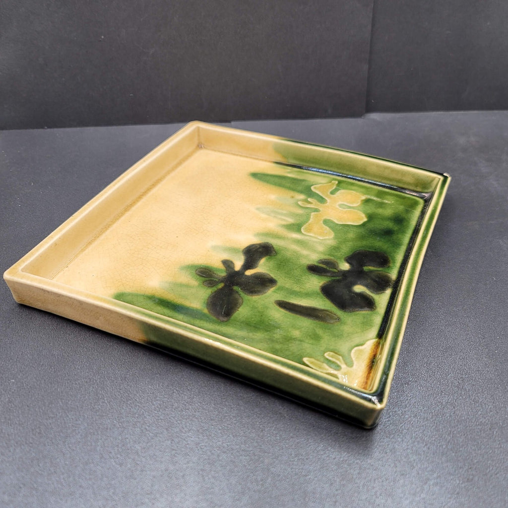 Art Pottery Plate Tray Square Asian Signed Green Yellow Crazing 7.5"x7.5"x0.75"