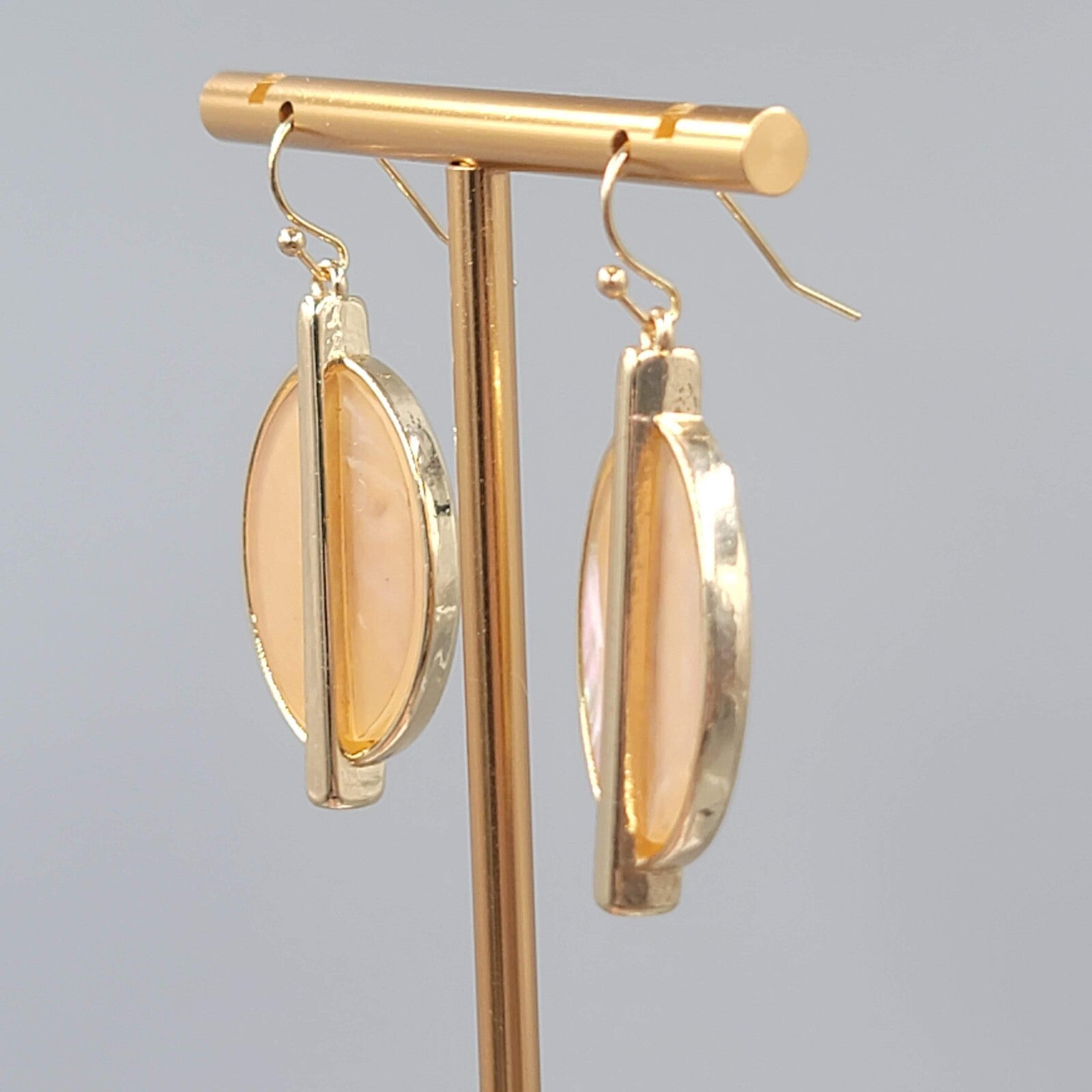 Oval Pierced Earrings Gold tone Dangle Peach Iridescent 1.5"