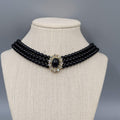 Black Bead Necklace Retro Style Triple Strand Collar Gold tone 16"-18"