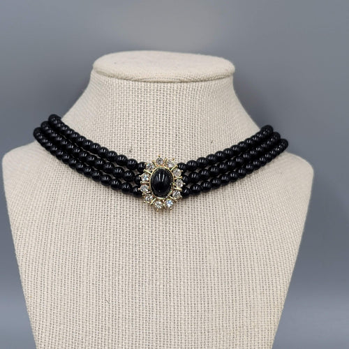 Black Bead Necklace Retro Style Triple Strand Collar Gold tone 16"-18"