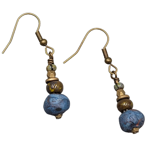 Blue and Green Beads Pierced Earrings Bronze tone Dangle 1"