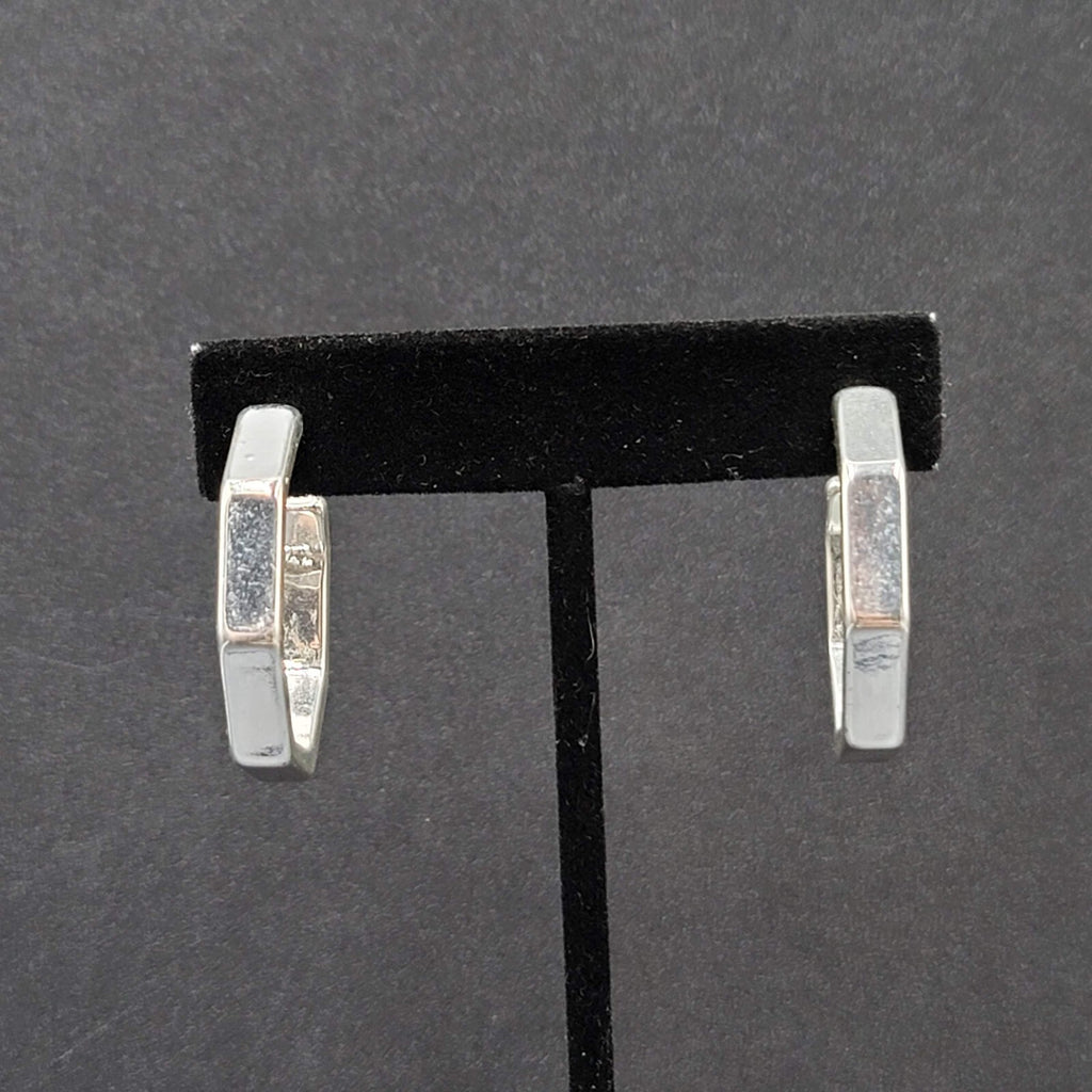 Pierced Earrings Hexagon Silver tone Hoops 1 1/8"