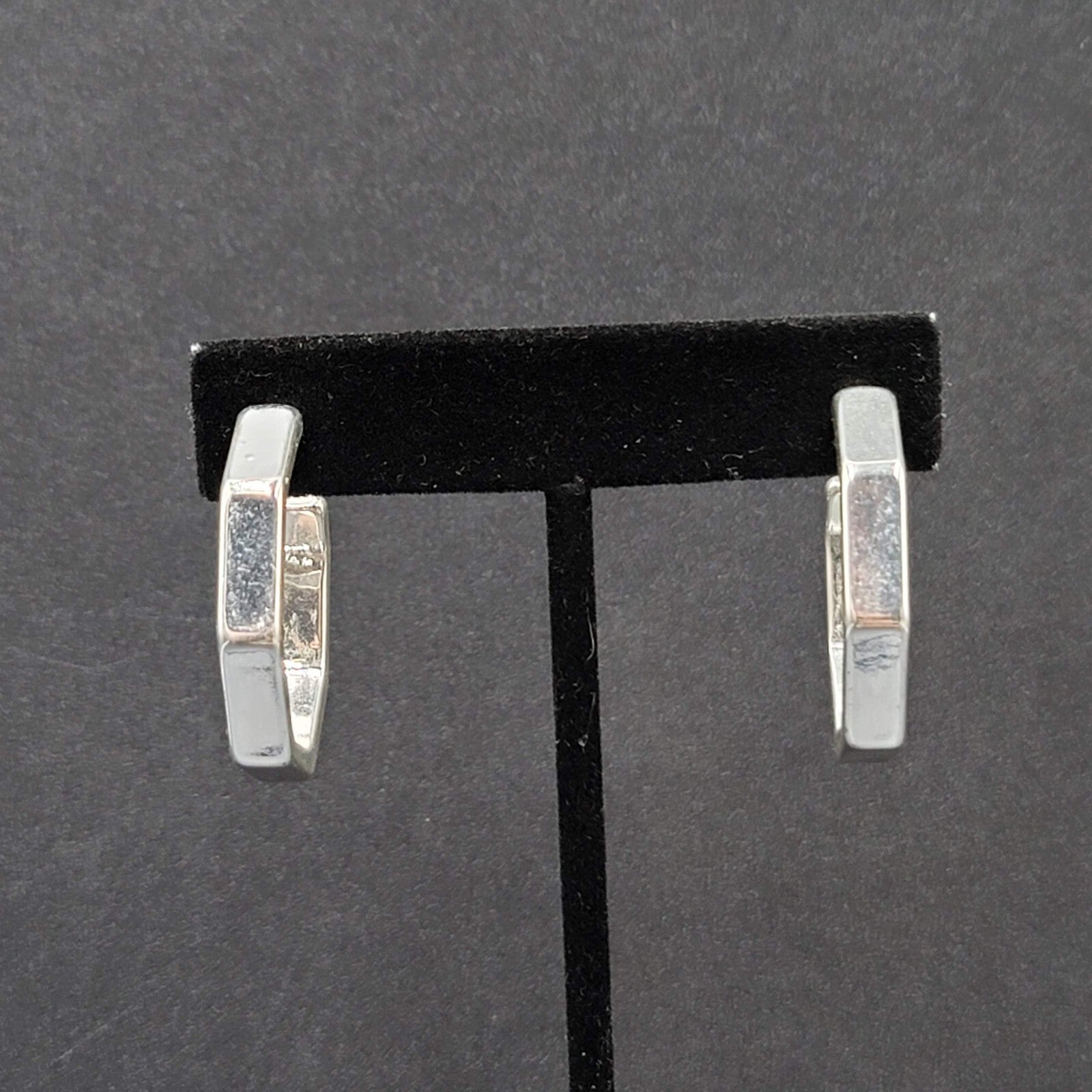 Pierced Earrings Hexagon Silver tone Hoops 1 1/8"