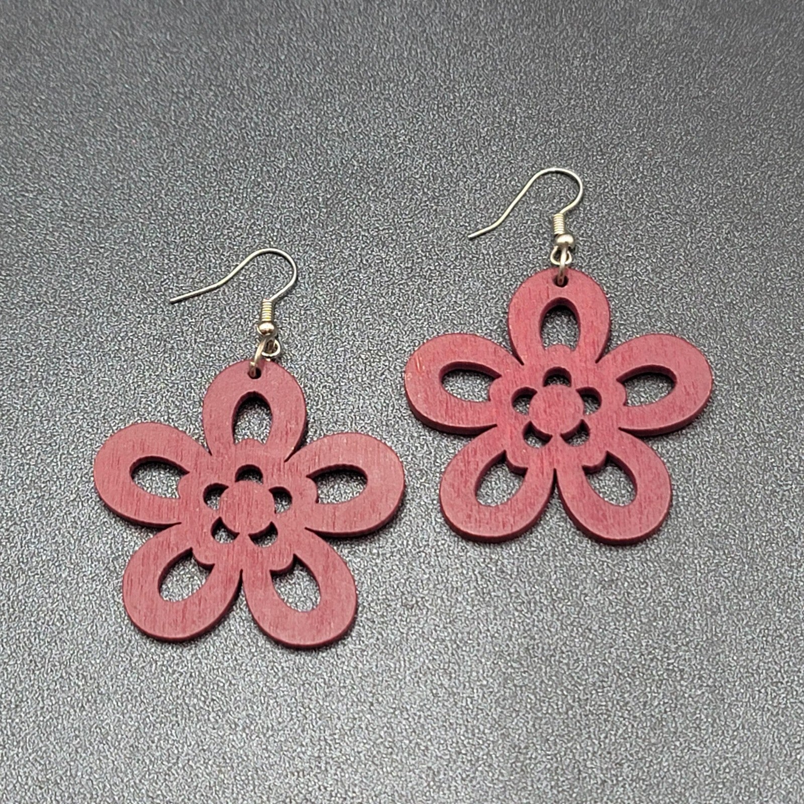Flower Pierced Earrings Red Burgundy Laser Cut Wood Dangle 1.75"
