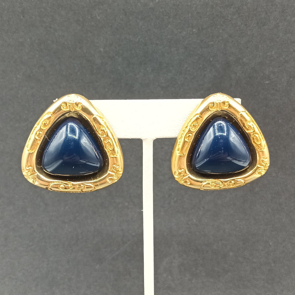 Vintage Clip on Earrings Gold tone Dark Blue Acrylic Soft Triangle Drop 1 3/8"