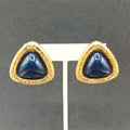 Vintage Clip on Earrings Gold tone Dark Blue Acrylic Soft Triangle Drop 1 3/8"