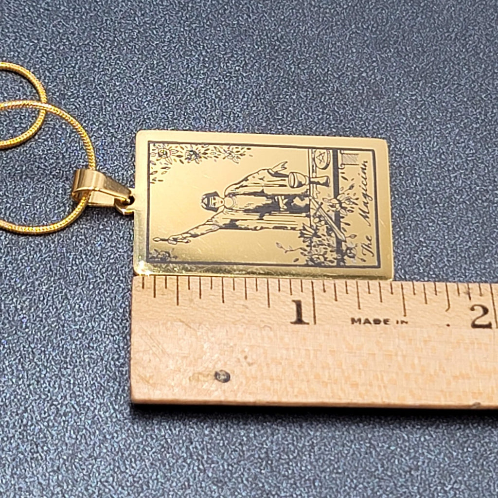 The MAGICIAN Tarot Card Pendant Necklace Major Arcana Gold tone 18”.