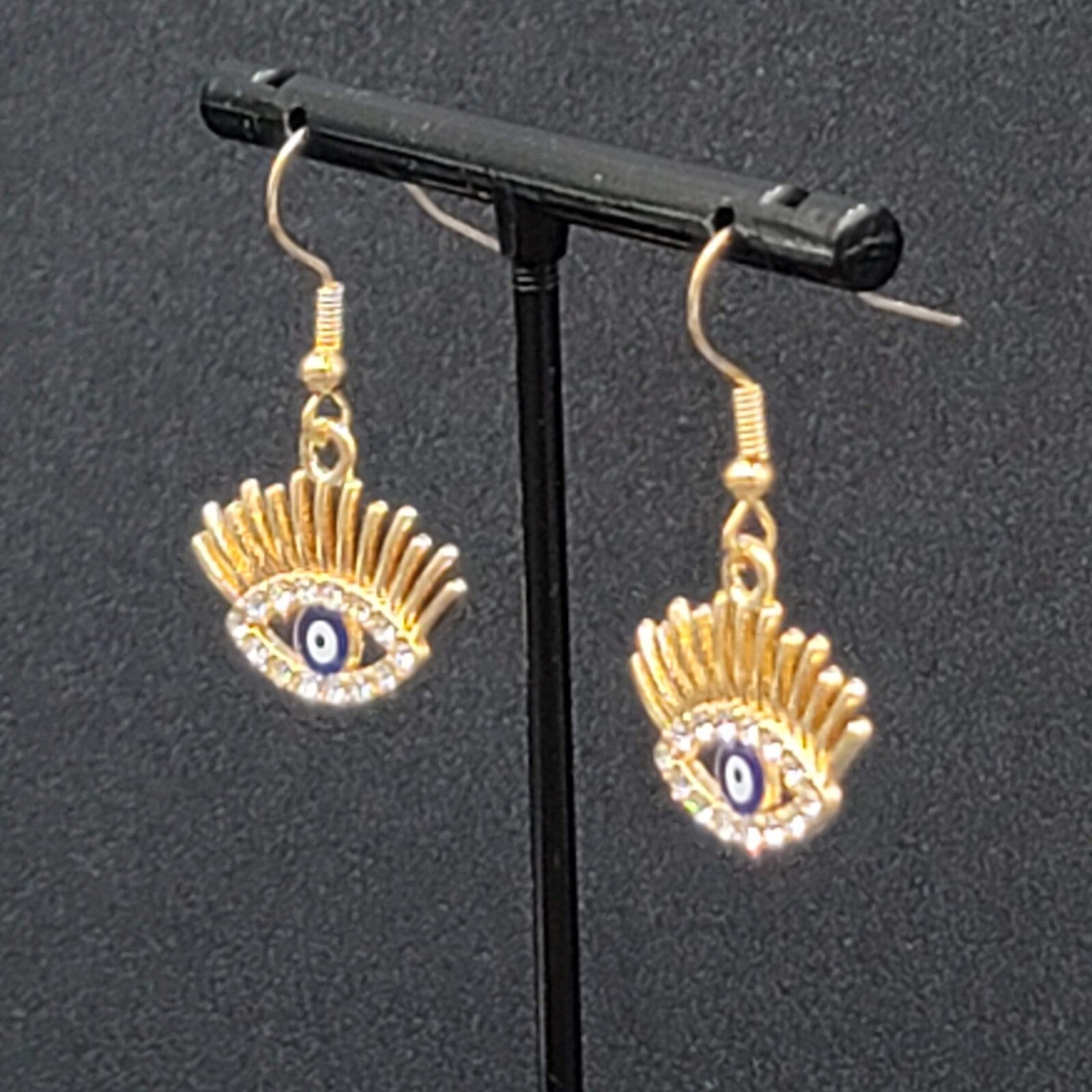 New Evil Eye Pierced Earrings Gold tone Enamel Dangle Eyelashes 5/8"