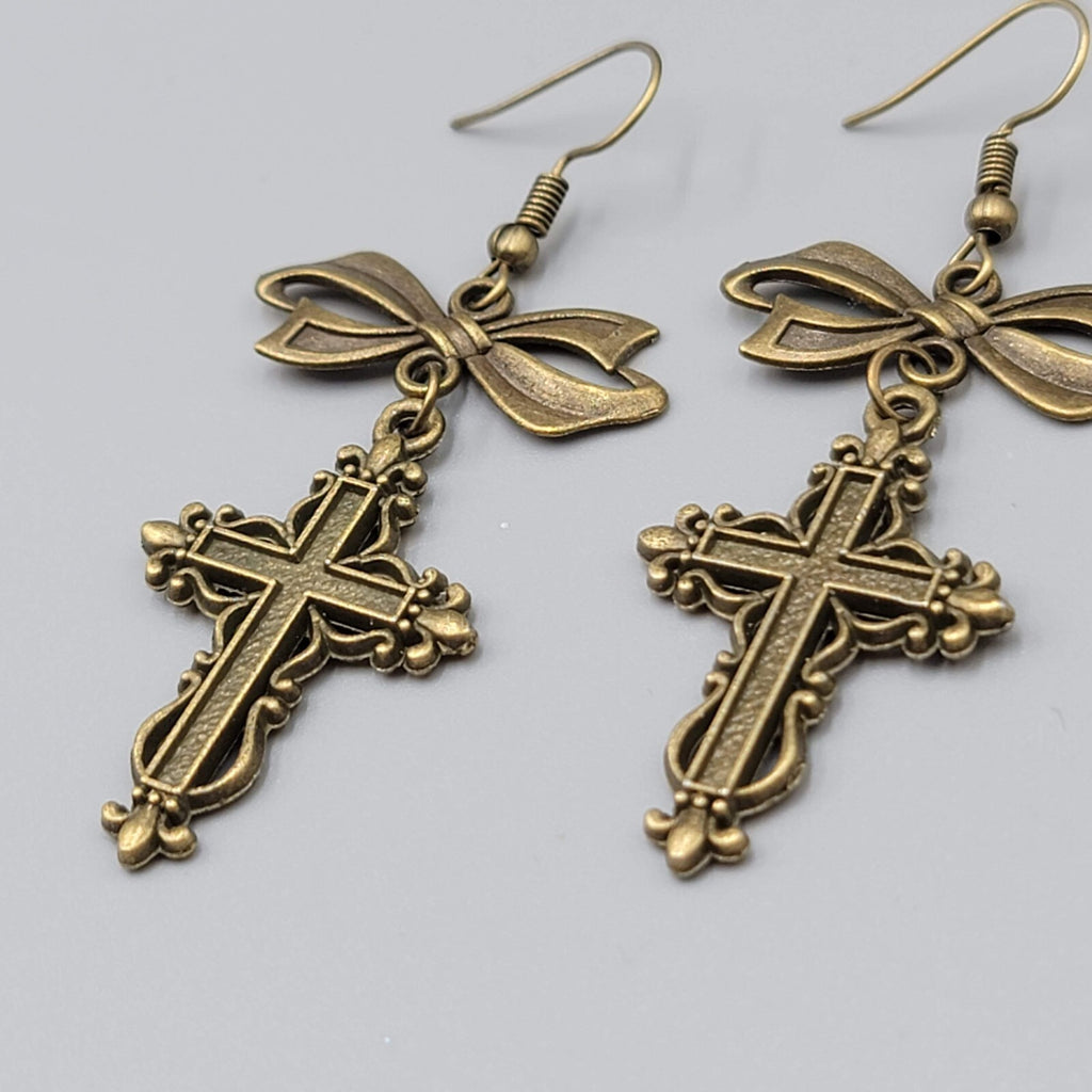 Cross Pierced Earrings Bronze tone Long Bow Dangle New 1.75"
