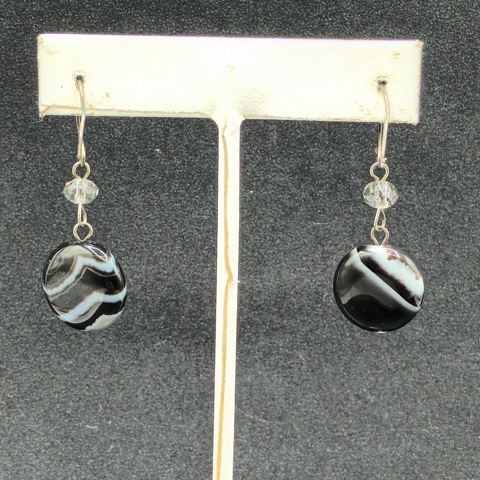 Pierced Earrings Silver tone Round Quartz Bead Dangle 1"