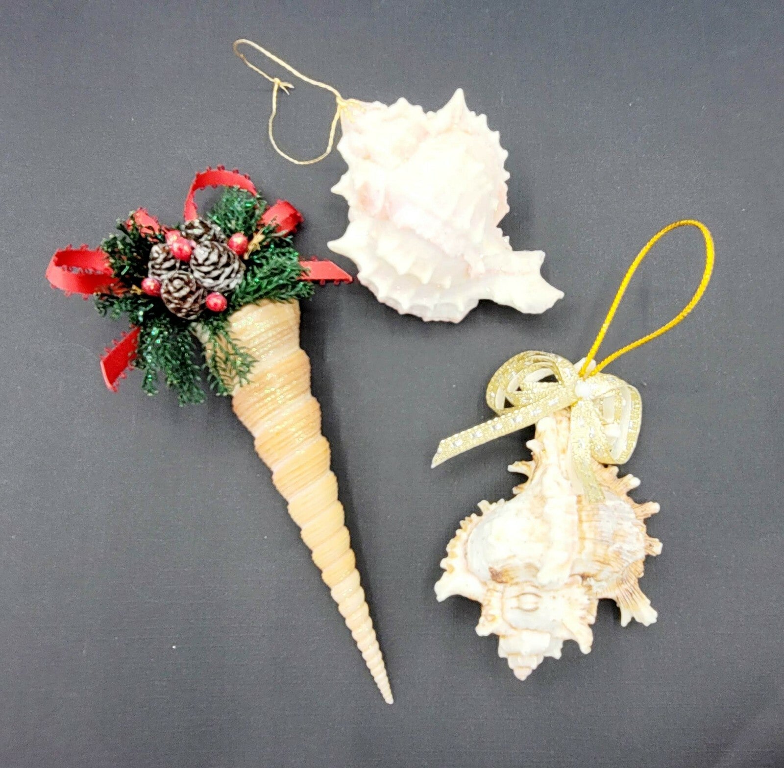 Sea Shell Christmas Ornaments Large Holiday White Glitter Lot of 3