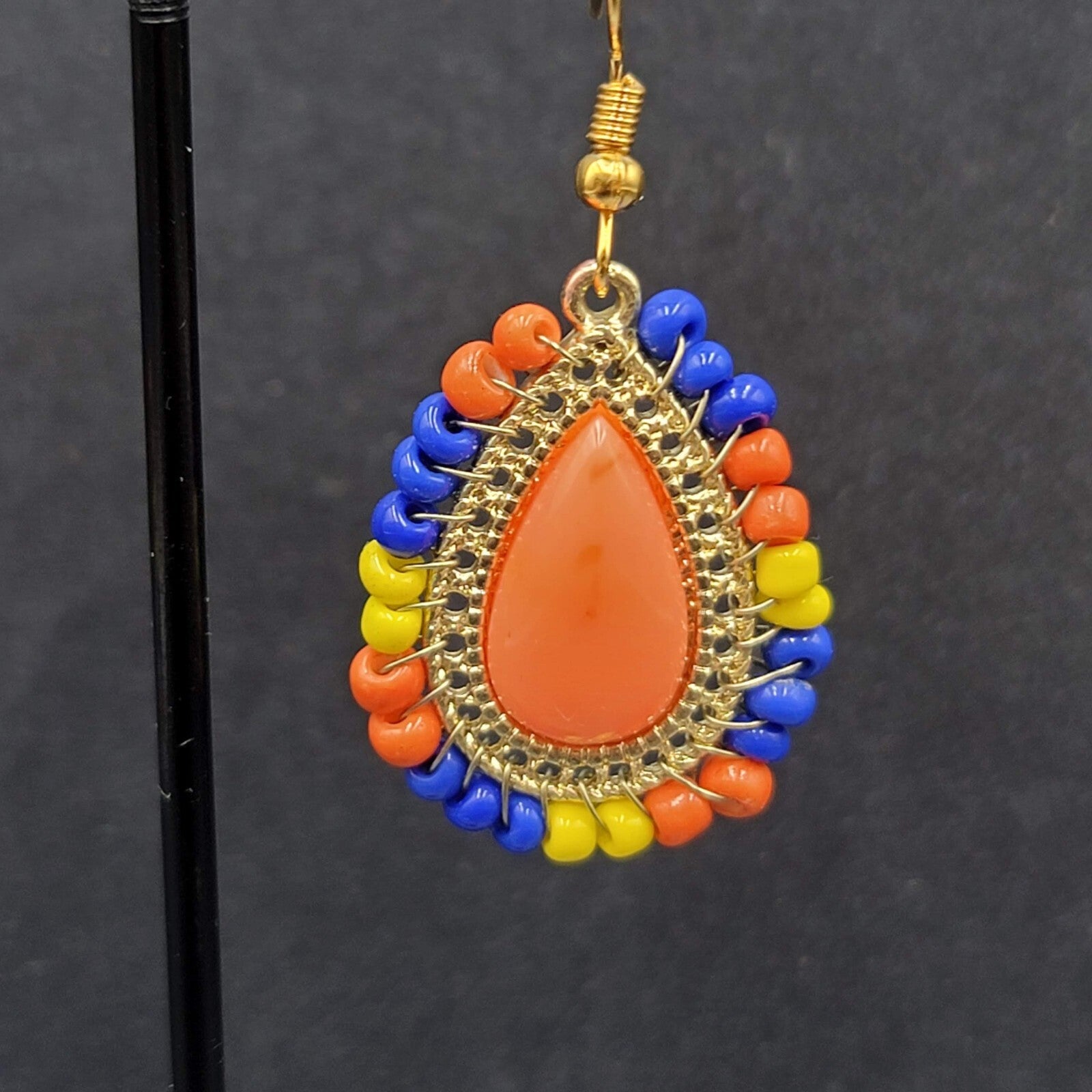 Pierced Earrings Gold tone Orange Teardrop Multicolor Beads 1 1/8"