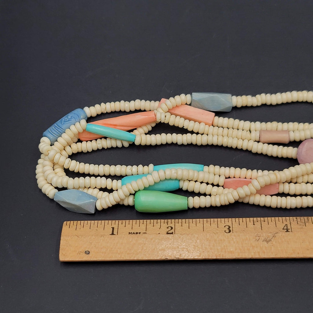 Vintage Multi Strand Beaded Necklace Carved Pastel Beads Toggle Clasp 24"