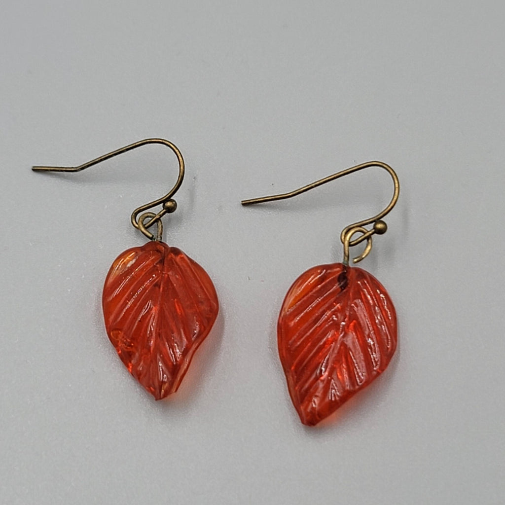 Orange Glass Leaf Pierced Earrings Bronze tone Dangle 1"