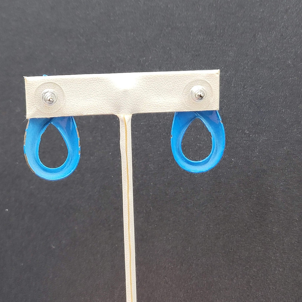 Vintage Pierced Earrings Blue Enamel over Metal Open Teardrop 1 3/8"