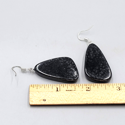 Black Swirl Resin Statement Dangle Pierced Earrings Silver tone 1.5"