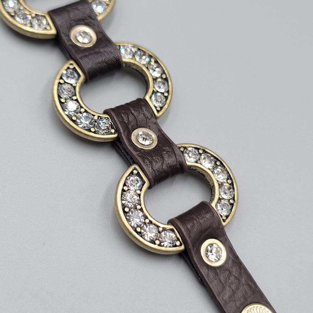 Guang Tong Brown Leather Bracelet Snaps Rhinestones Bronze tone