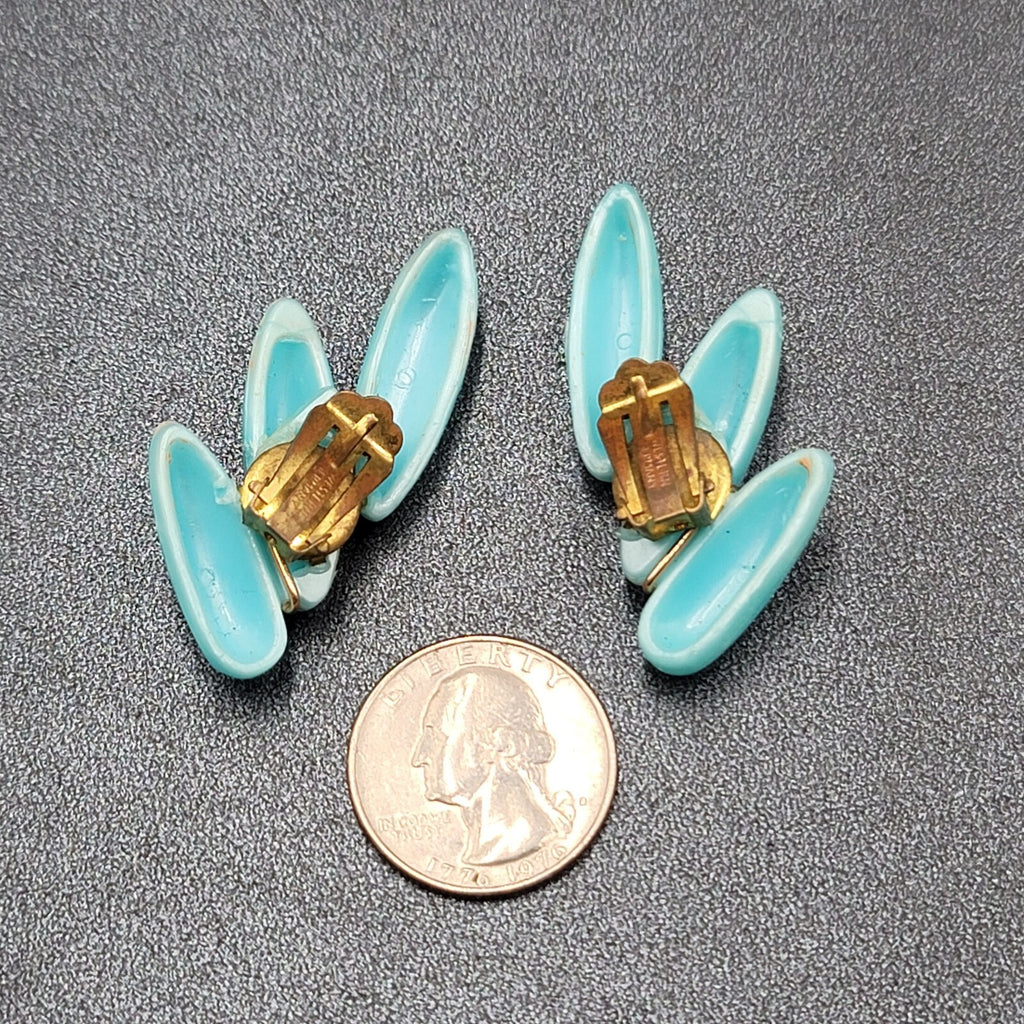 Vintage Clip on Earrings Lightweight Plastic Blue Climber W Germany 1 7/8"