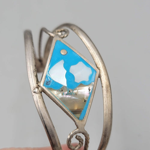 Alpaca Silver Vintage Mexico Cuff Bracelet Mother of Pearl  Abalone Shell Inlay