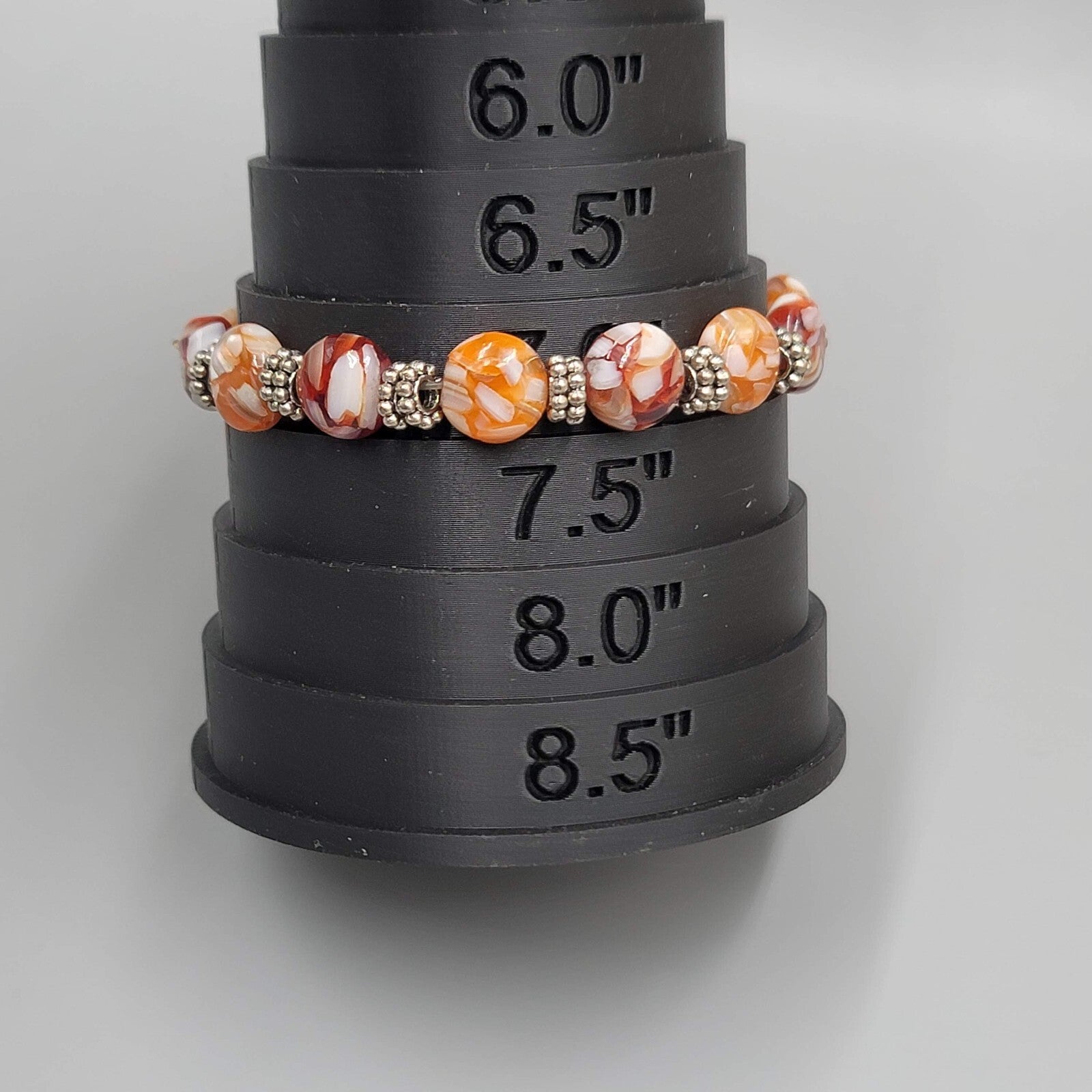 Glass Bead Stretch Bracelet Red White Orange White Silver tone 7"