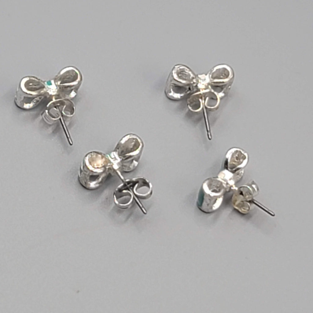 Bow Studs Pierced Earrings Blue Enamel Silver tone Lot of 2