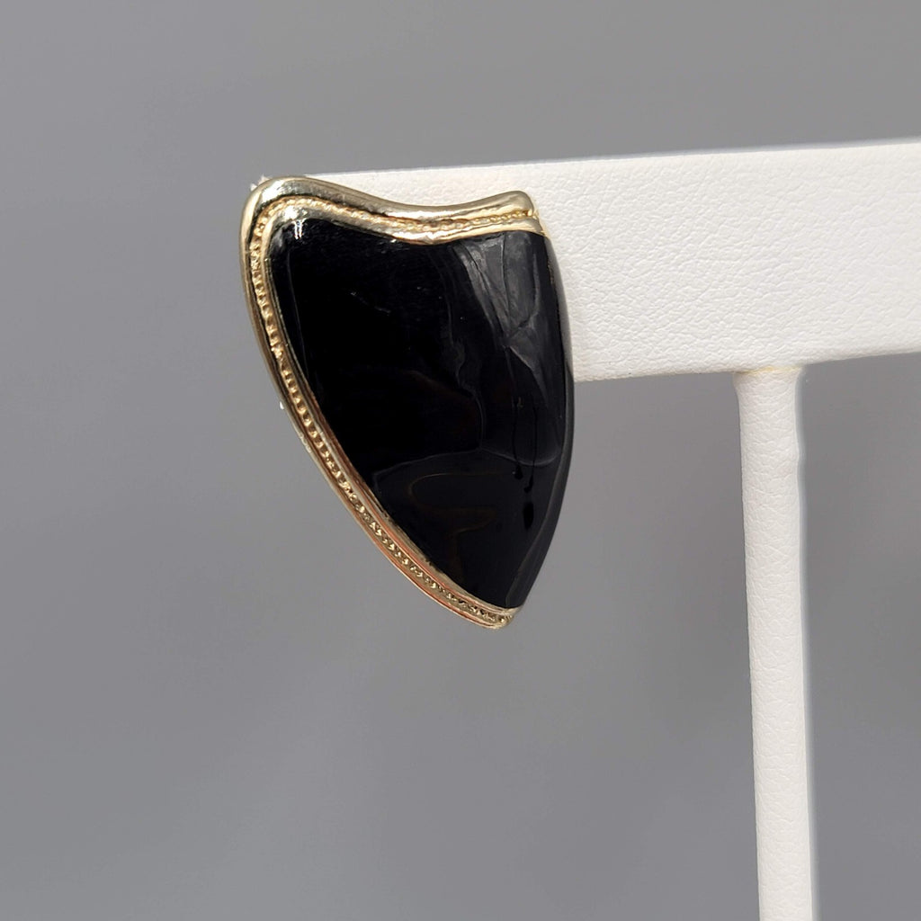 Vintage Pierced Earrings Gold tone Black Enamel Statement Drop 1.25"
