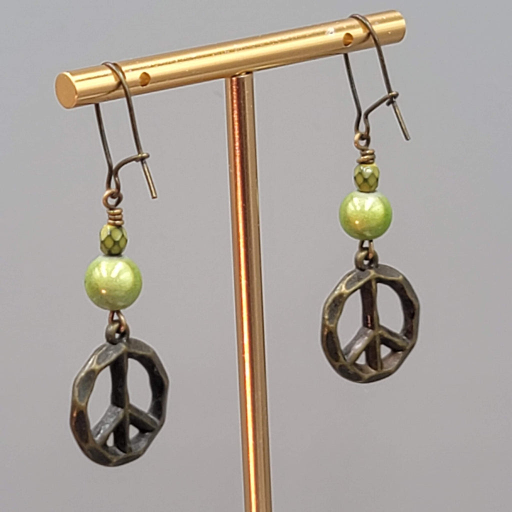 Peace Sign Pierced Earrings Bronze tone Green Bead Dangle 1.5"