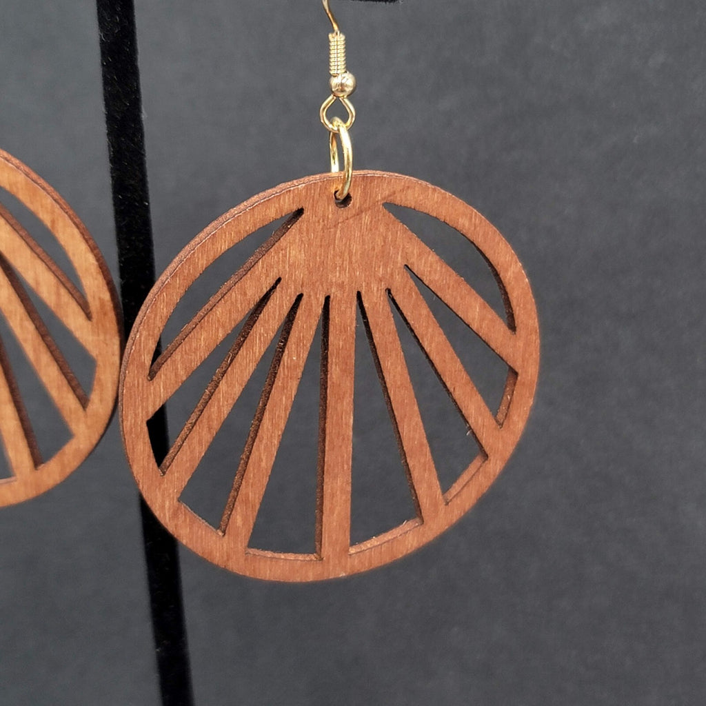 Pierced Earrings Laser Cut Boho Round Wood Dangle Gold tone 2"