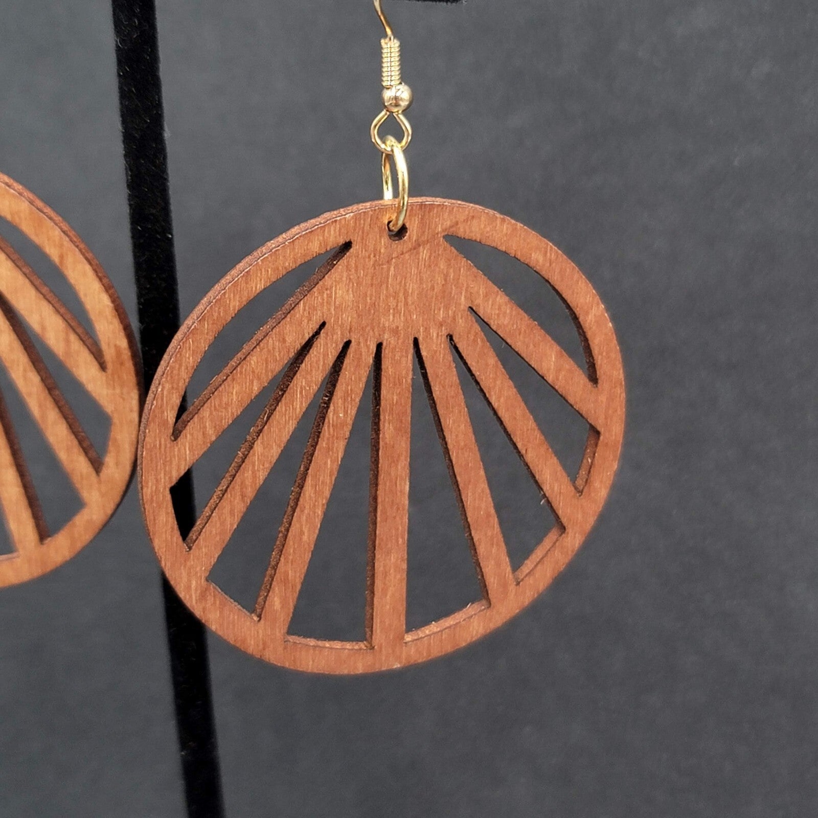 Pierced Earrings Laser Cut Boho Round Wood Dangle Gold tone 2"