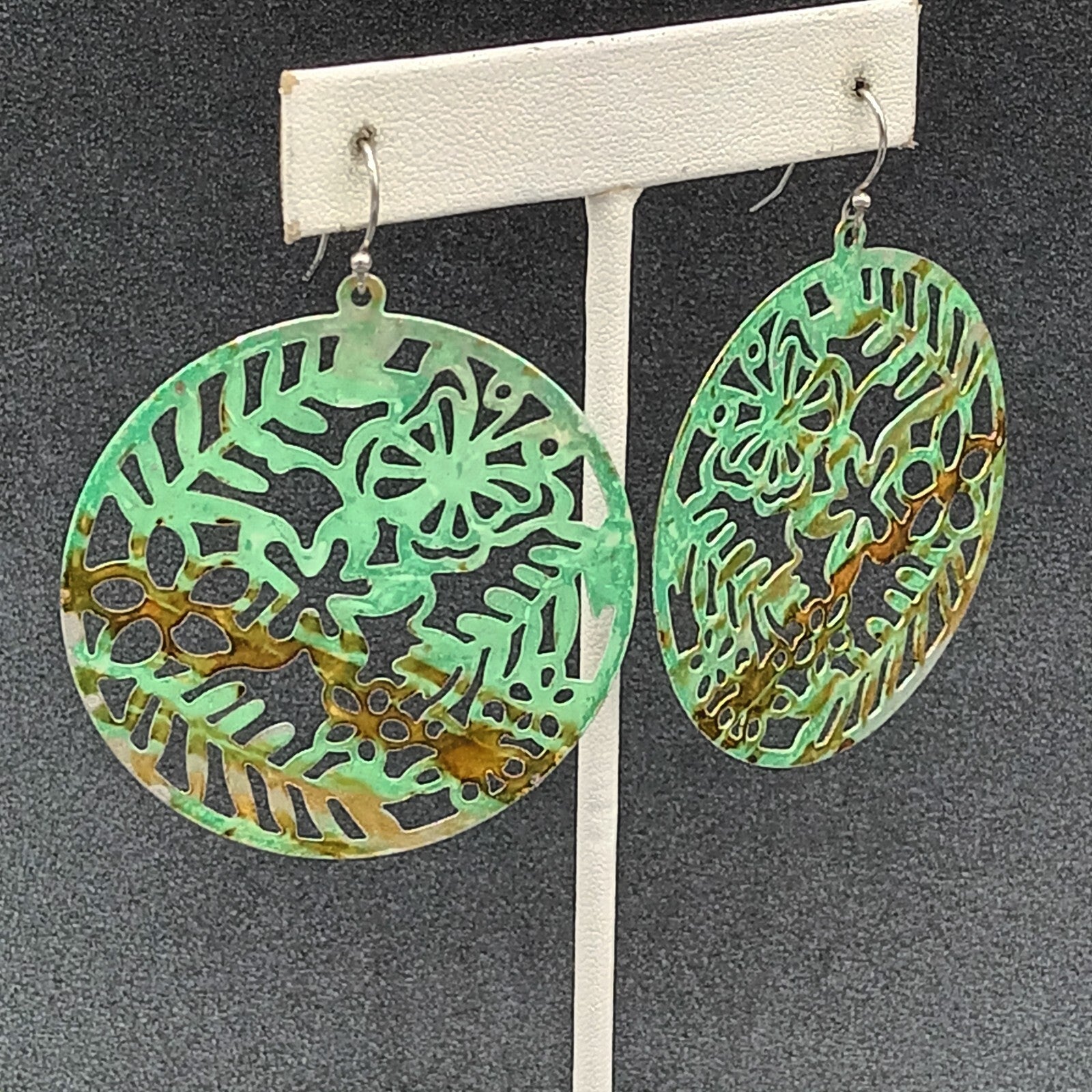 Pierced Earrings Metal Open Work Brown and Green Enamel Medallion Dangle 2"