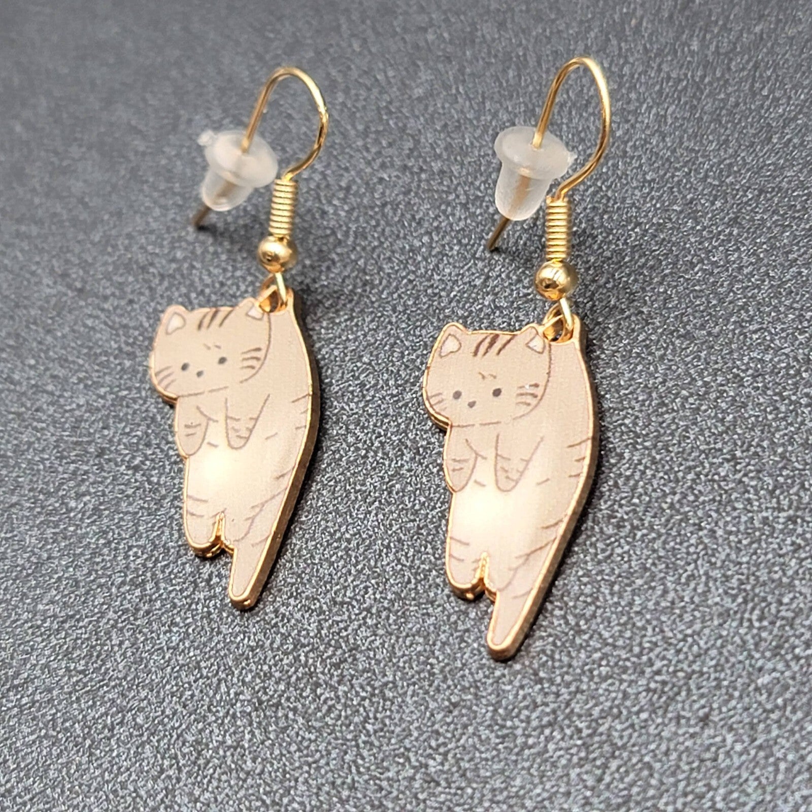 Kitty Cat Pierced Earrings Gray Tabby Kitten Dangle Gold tone 1"