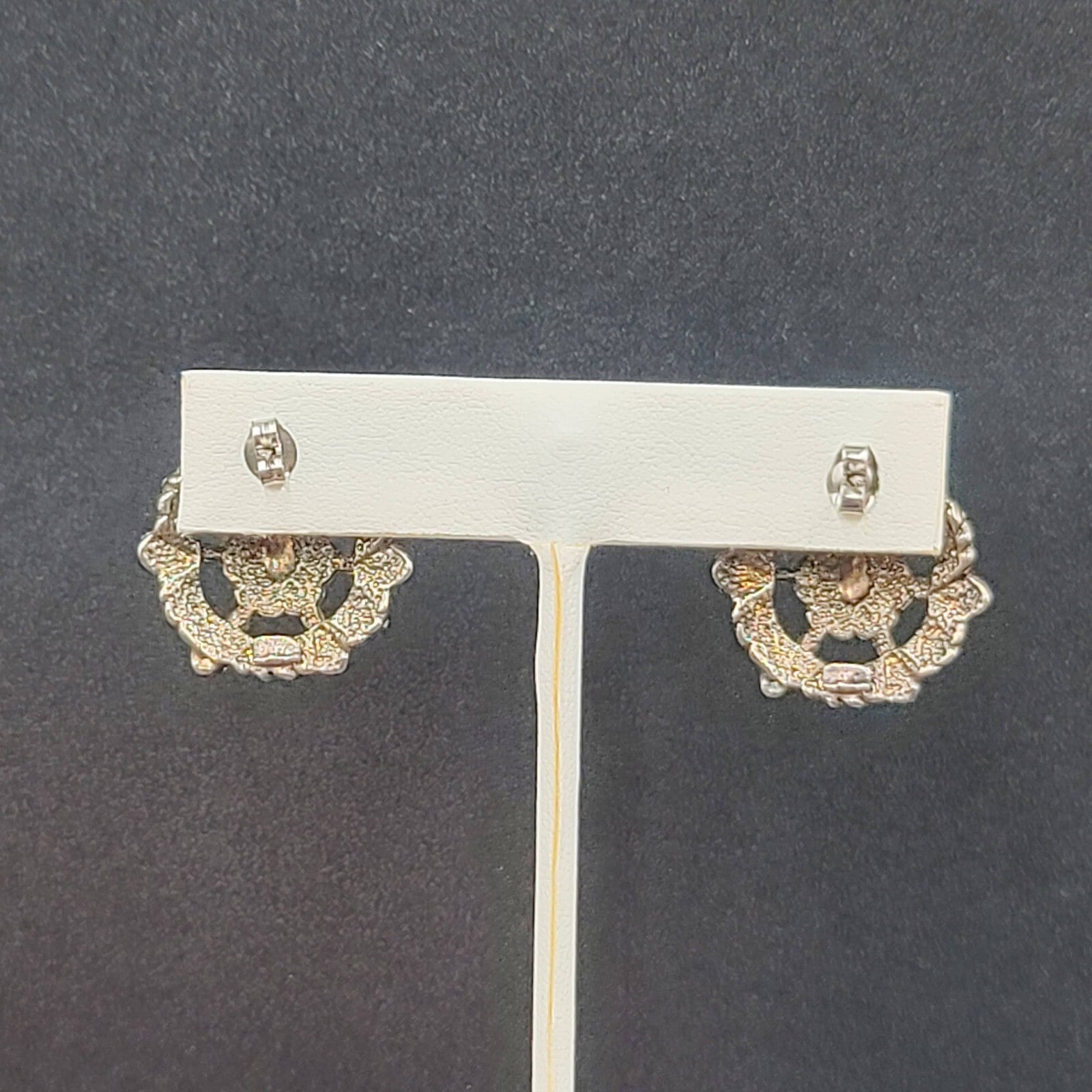 Vintage Pierced Earrings Silver tone Black Teardrop Stone Embossed Drop 1.75"