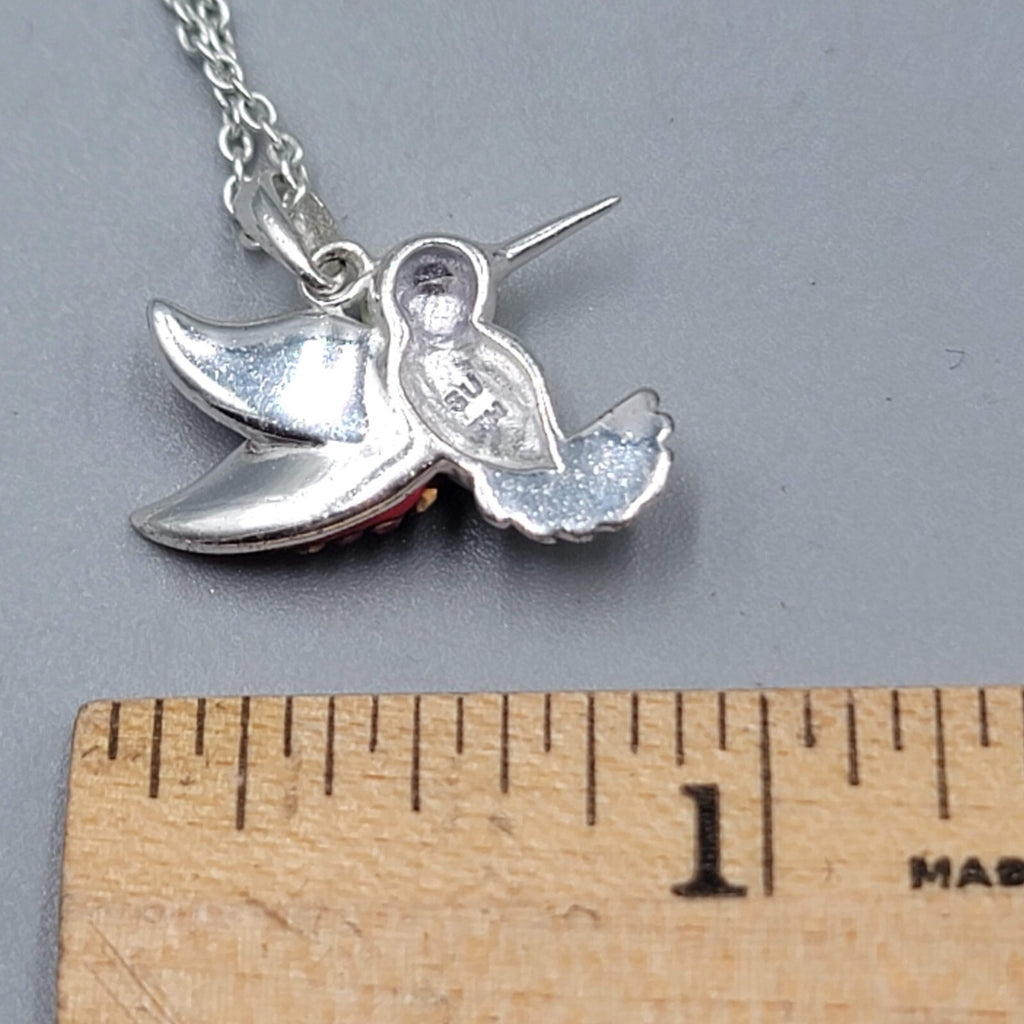 Hummingbird Necklace Silver tone Multicolor Rhinestone Bird 18"